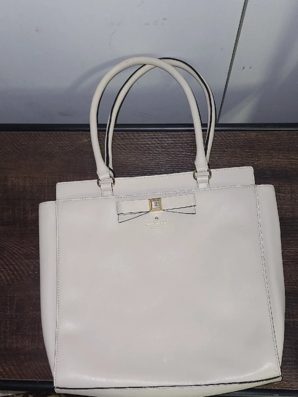 kate spade Cream Leather Tote with Bow Accent